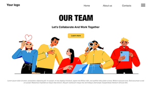 Our team landing page, business characters company employees portraits, staff presentation. Office people with loupe, devices, laptop and stationery work together, Line art flat vector web banner