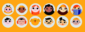 Set of people and pets avatars isolated round icons. Diverse male and female characters with different appearance and ethnicity. Men, women, girls, boys, dog portraits, Line art vector illustration