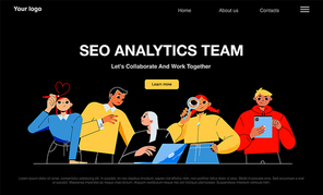 SEO analytics team banner with people work together. Vector night mode of landing page of search engine optimization company with flat illustration of men and women teamwork