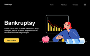 Bankruptcy banner with depressed woman loss money. Concept of crisis, financial problems, company debt and credit. Vector landing page in night mode with flat illustration of sad bankrupt person
