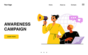 Awareness campaign landing page. Social marketing business concept with man and woman characters promoting online in networks using laptop and megaphone. Public affairs Line art flat vector web banner