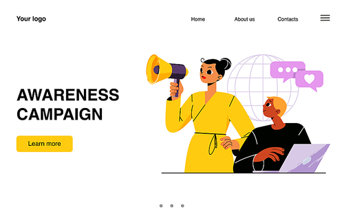 Awareness campaign landing page. Social marketing business concept with man and woman characters promoting online in networks using laptop and megaphone. Public affairs Line art flat vector web banner