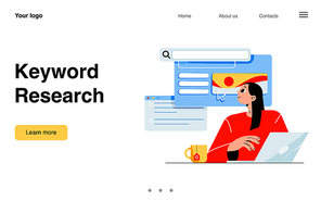 Keyword research landing page. Keywordist or copywriter girl with laptop using tools and services for seo optimization and content plan analysis in social media, Vector cartoon line art web banner