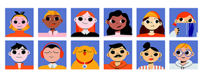 Avatars set with people portraits for profile in social media. Vector flat collection of multiracial group of characters, women and men faces and dog on blue square background