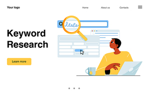 Keyword research banner. Concept of search engine optimization, content, traffic and query analysis. Vector landing page of data ranking service and SEO with flat illustration of man with laptop
