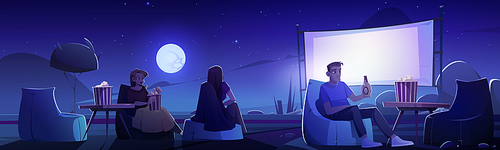 People relax in outdoor cinema at night summer landscape. Men and women in open air movie theater sit on beanbag chairs with beer and pop corn watching movie on huge screen Cartoon vector illustration