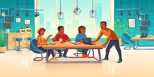 People in coworking area think business idea or develop art project, teamwork, brainstorm concept. Relaxed creative team sitting at desk on armchairs in working space, Cartoon vector illustration