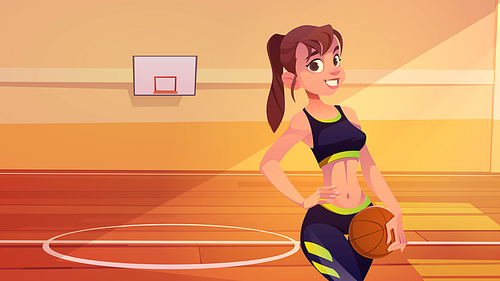 Girl basketball player posing on indoor court with ball in hand and arm akimbo. Fit sportswoman in high school or college gymnasium sports arena for team game with hoop, Cartoon vector illustration