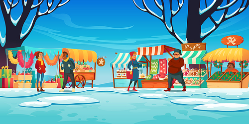 Christmas market with stalls, sellers and customers, winter street fair with booths, traditional sweets and gifts, fir-tree decoration for sale. Kiosks on snowy landscape, Cartoon vector illustration