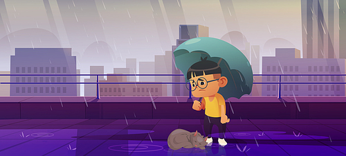 Boy under umbrella with homeless cat protect pet from autumn rain. Animal rescue, protection, support and love concept. Adoption and custody, help stray kitten, shelter, Cartoon vector illustration