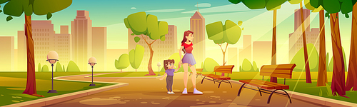 Mother with child walk in city park with green trees and grass, wooden bench, lanterns and town buildings on skyline. Vector cartoon summer landscape with public garden and walking woman with girl