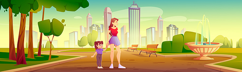 Mother and little daughter walk in city park, family outdoor recreation, weekend leisure. Young woman holding baby girl hand in urban park on summer cityscape background Cartoon vector illustration