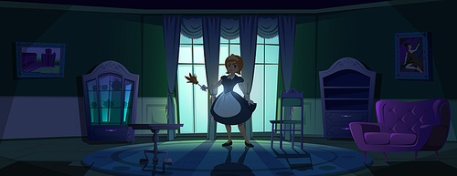 Maid in apron in dark living room at night. Vector cartoon illustration of interior with vintage furniture, sofa, cupboard, table and woman housemaid with feather duster in moonlight