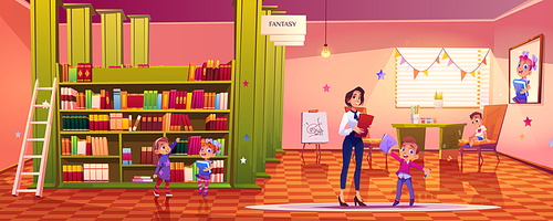 Kids in library, teacher and little children stand at book shelves in school or kindergarten interior with table and painting easel, toddlers prepare homework or reading, Vector cartoon illustration