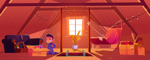 Child on attic, little boy found old toys in box at mansard room. Baby at roof garret with window, broken sofa, hammock and light garland hanging on beams. Discreet place Cartoon vector illustration