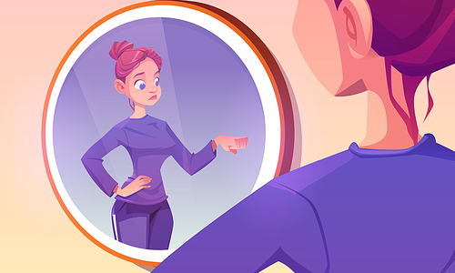 Young woman bump fist with her own reflection in mirror. Girl best friend of herself, self love, team, respect and friendship. Positive teenager fistbump gesture, Cartoon vector illustration