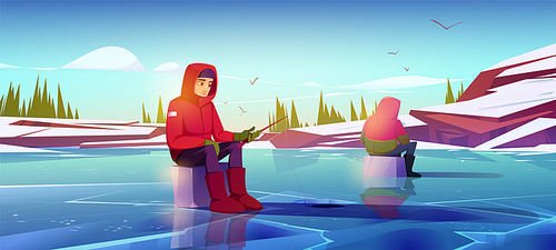Winter ice fishing with men holding rods, wear warm clothes, sitting on boxes catching fish on frozen pond surface with holes. Male characters wintertime hobby, recreation, Cartoon vector illustration