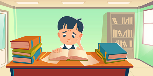 Tired student having stress of study. Sad boy reading book, prepare for exam or homework in school or university. Vector cartoon illustration of upset pupil sitting at table with stacks of books
