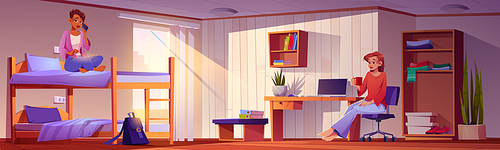 Girls students in dormitory room with bunk, laptop on desk, wardrobe and bookshelf. Vector cartoon interior of dorm bedroom or hostel apartment with young women living together