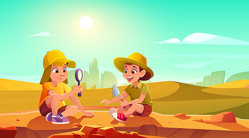 Kids playing in archaeologists in sandbox. Vector cartoon illustration with boy and girl in hats with shovel and magnifying glass digging sand in rural field. Children play in paleontologists in savannah