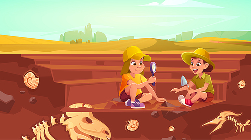 Kids do excavation fossil dinosaurs. Children in hats play in archaeologists and paleontologists. Vector cartoon illustration with boy and girl discover buried skeletons and shells in dig