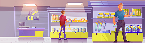 Customers in tools store, hardware construction shop with cashier desk. Men buyers choose goods on showcase shelves with diy instruments for carpentry or maintenance works. Cartoon vector illustration