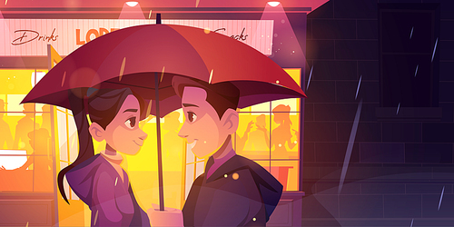 Love story, couple stand under umbrella at rainy night street front of glowing cafe window. Romantic relations. Loving man and woman outdoor dating, connection, romance, Cartoon vector illustration