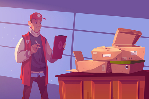 Worker in warehouse controls orders logistic and shipping. Vector cartoon illustration of storage room with man in uniform with clipboard and open cardboard boxes on table