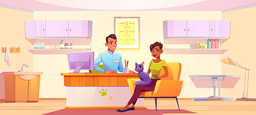 Customer with cat visit vet clinic for medical aid and exam pet. Vector cartoon illustration of veterinarian doctor and woman with kitten in medical office in animal hospital