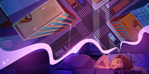 Young woman sleeping on bed seeing dream night city top view. Girl sleep in dark night room, dormant female character lying under blanket nap at home bedroom, relaxation, Cartoon vector illustration