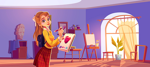 Girl painter in art studio with canvas and brushes on easel, paints on shelves and colored pencils. Vector cartoon illustration of artist workshop interior and woman with notebook and pencil