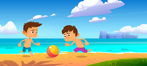Kids playing ball at summer beach, boys play at sea shore, outdoor fun, family vacation and holidays leisure on ocean coastline, friends or brothers games and recreation, Cartoon vector illustration