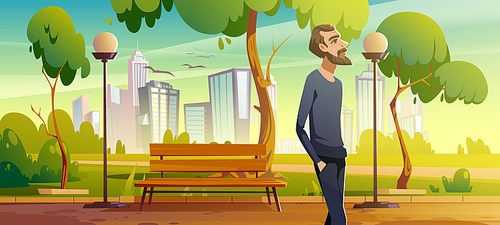 Man walk in city park enjoy nature, relaxed male character breath fresh air during unhurried promenade at summer urban garden with bench, city lamps and cityscape view Cartoon vector illustration