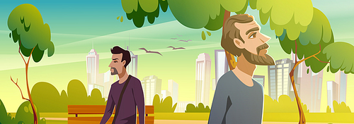 Men walk in city park. Summer landscape of public garden with green trees and grass, wooden bench and town on skyline. Vector cartoon illustration of people walking outdoor