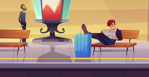 Business man on railway station waiting train, male character read newspaper with legs lying on suitcase at railroad platform with benches, billboard pillar and passengers, Cartoon vector illustration