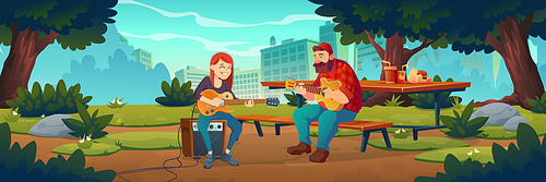 People play music in city park. Musicians with acoustic and electric guitars perform outdoor. Vector cartoon landscape of summer public garden with wooden picnic table and benches