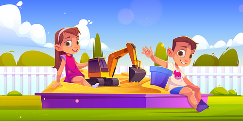 Children playing in sand box, little boy and girl sitting in sandbox with toys playing with excavator and plastic bucket. Kids outdoor fun, summer recreation at house yard, Cartoon vector illustration