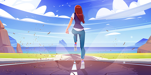 Woman run, sport workout, girl running by road with mountains around and ocean landscape rear view. Female character fitness, jogging exercise or marathon, outdoor training Cartoon vector illustration