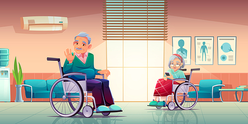 Senior disabled man and woman on wheelchair in nursing home or hospital. Old lady wrapped in plaid use phone, grey haired pensioner waving hand, helping to elderly people Cartoon vector illustration