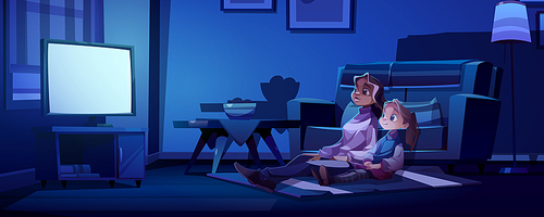 Mother and daughter watch tv at dark room. Family night recreation, home cinema entertainment. Woman and little girl sitting on plaid enjoying movie film on screen, Cartoon vector illustration