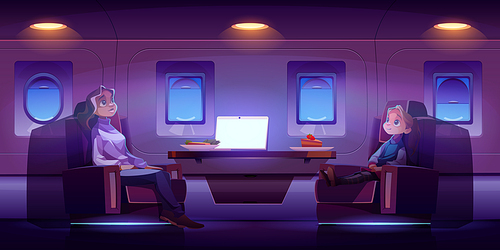 Mother with daughter travel by airplane. Passengers sitting at comfortable seats with table in first class area , woman and girl relax at night plane board, airline flight, Cartoon vector illustration