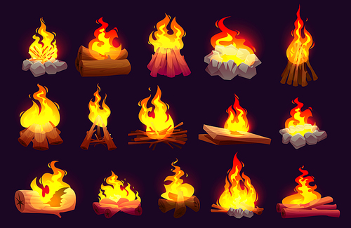 Set of burning fire flames, campfire with logs and woods. Stone hearth, bonfire blaze glow effect. Shining inferno, blazing ignition tongues isolated on black or background Cartoon vector illustration