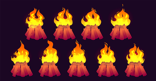 Cartoon burning camp fire flames with, campfire with woods and long tongues game animation sprite. Orange and yellow shining flare blaze, inferno ignition isolated on black background Vector icons set