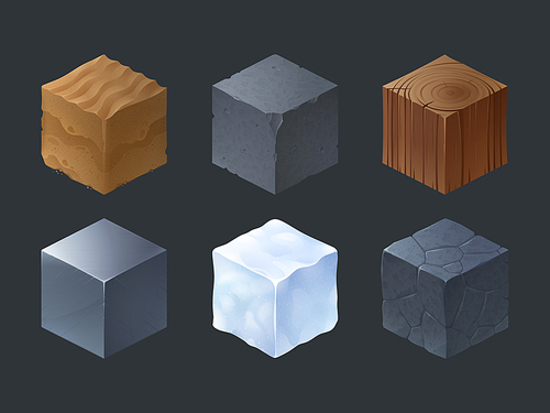 Isometric texture cubes for game with pattern of wood, stone, cement, ice, iron and sand. Vector cartoon set of 3d blocks of different materials isolated on gray background