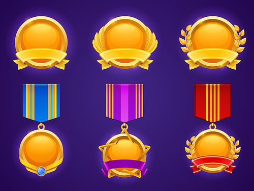 set of game level ui icons, empty golden medals with banners, wings, star and laurel wreaths, isolated award s or bonus graphic elements, reward, trophy achievement and prize for rpg or casino