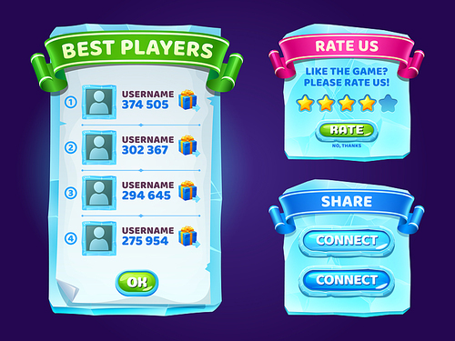 Ice crystals game menu, gamer ui panel with buttons, blue cartoon frozen interface with gui elements. Best player, rate us, share and connect boards, user profile with rating stars isolated vector set