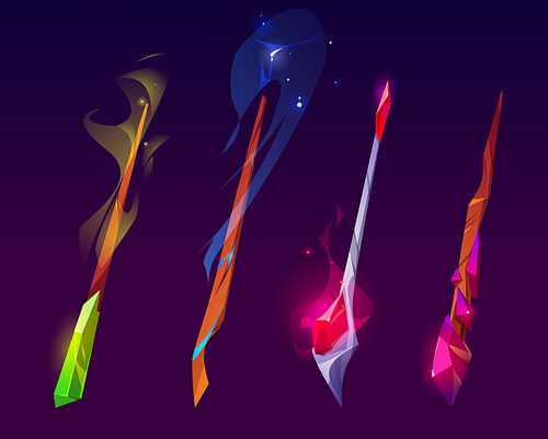 Magic wands, wooden and metal sticks with crystals for magical tricks and spell. Vector cartoon set of wizard rods with shiny gems for create miracles and enchantment isolated on background