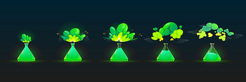 Chemical reaction in flask with explosion and smoke clouds. Vector cartoon set of stages of chemistry experiment with green liquid reagent in beaker isolated on black background
