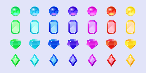 Color gems, jewel crystal stones in round, geometric and diamond shape. Vector cartoon set of precious gemstones, ruby, sapphire, topaz, amethyst and emerald isolated on background
