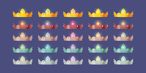 Game icons of royal crowns with gem different color. Vector cartoon set of king, queen, princess or prince headdress, gold, silver and bronze tiaras with gemstones and diamonds